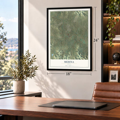 Medina, Bandera County, Texas map, 18 x 24 inch print in a black frame in a home office