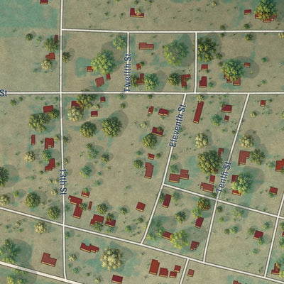 Close-up of the map of Megargel, Texas print showing street and building detail