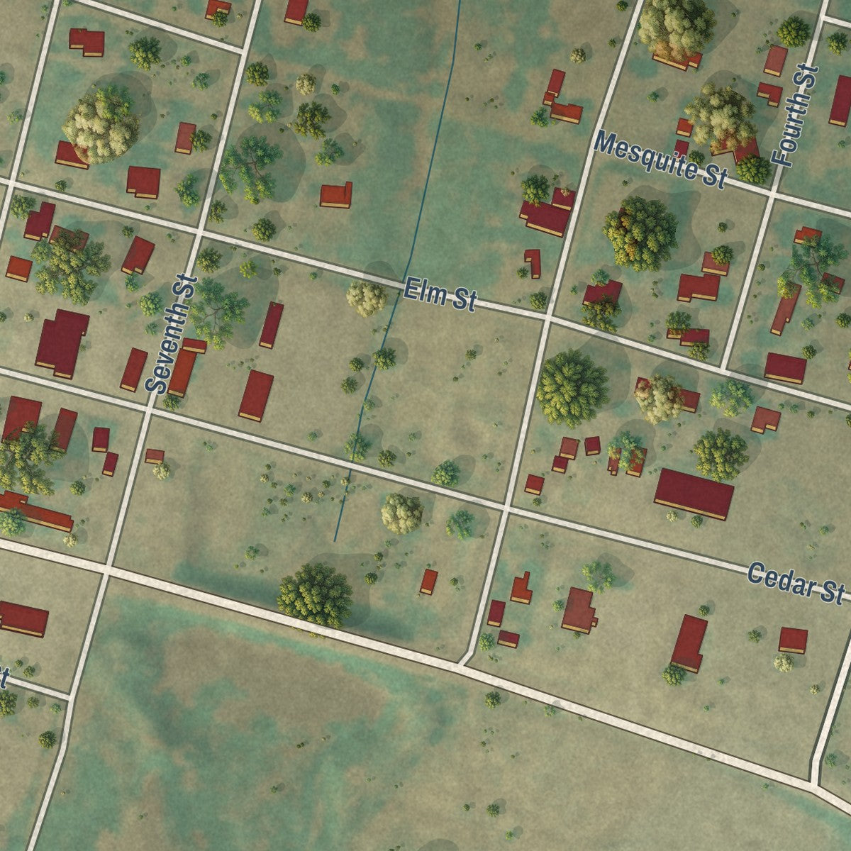Second close-up of the map of Megargel, Texas print showing more streets and buildings