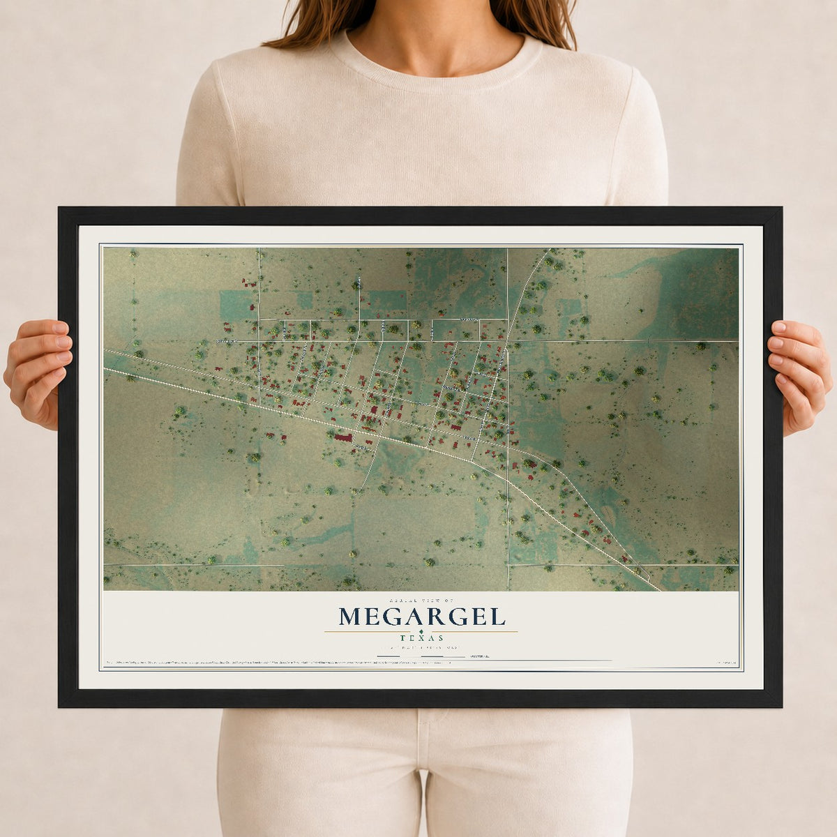 Map of Megargel, Texas, 12 x 18 inch print in a black wood frame
