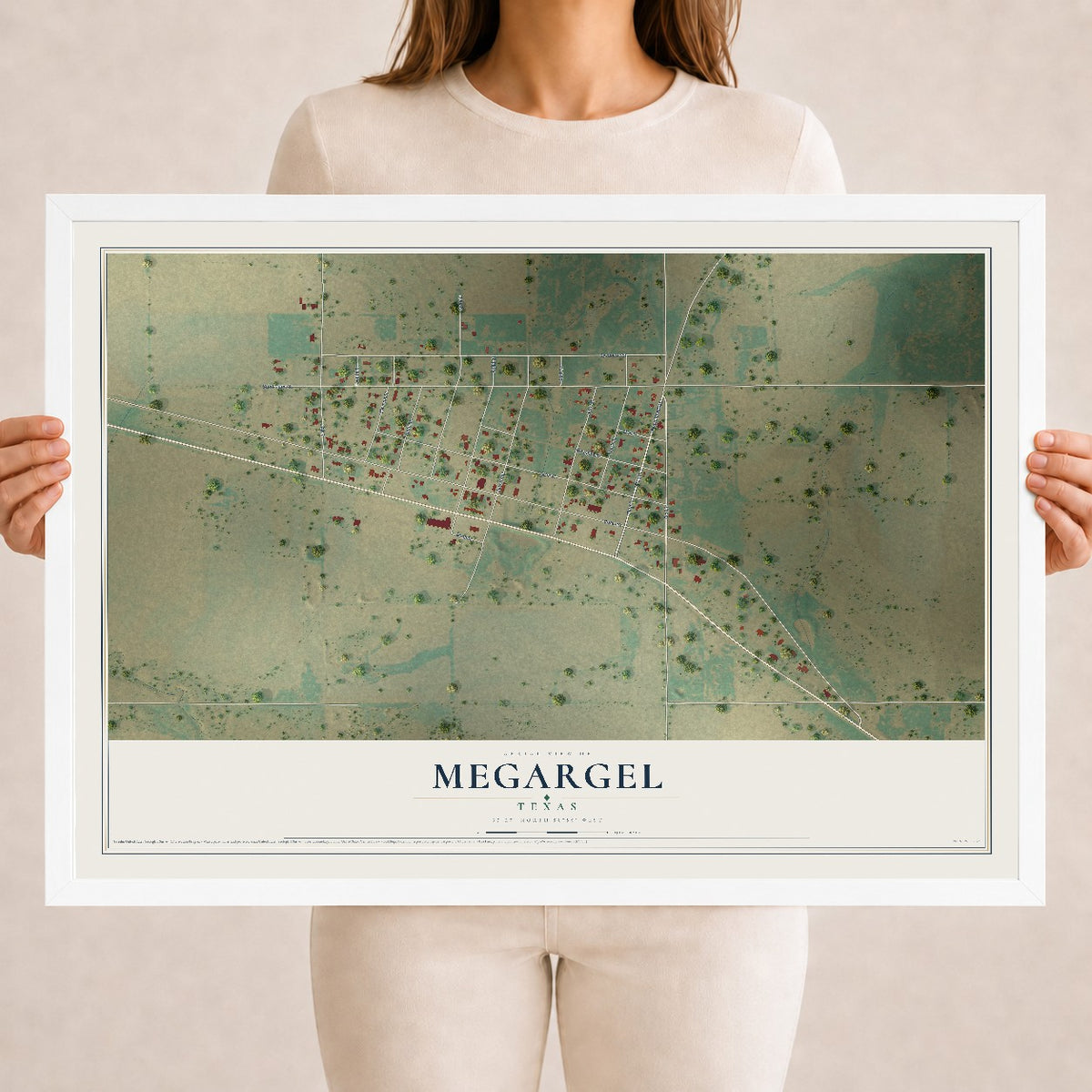 Map of Megargel, Texas, 18 x 24 inch print in a white wood frame