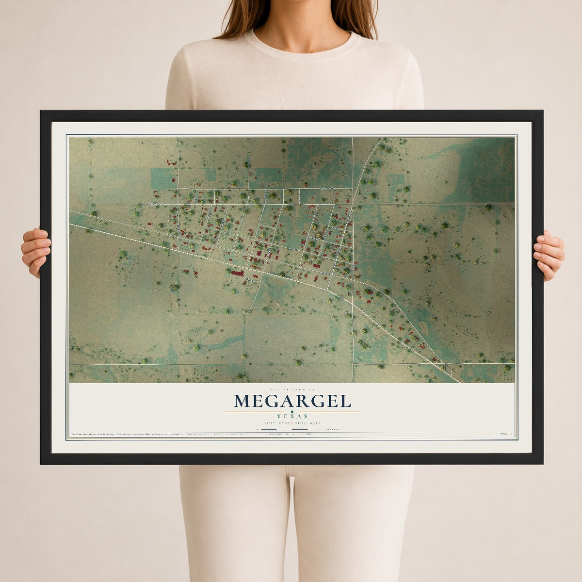 Map of Megargel, Texas, 24 x 36 inch print in a black wood frame