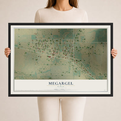 Map of Megargel, Texas, 24 x 36 inch print in a black wood frame