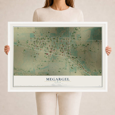 Map of Megargel, Texas, 24 x 36 inch print in a white wood frame