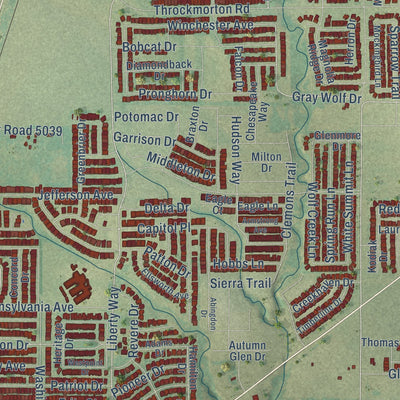 Close-up of the map of Melissa, Texas print showing street and building detail