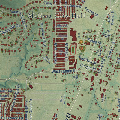Second close-up of the map of Melissa, Texas print showing more streets and buildings