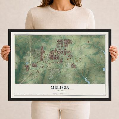 Map of Melissa, Texas, 12 x 18 inch print in a black wood frame