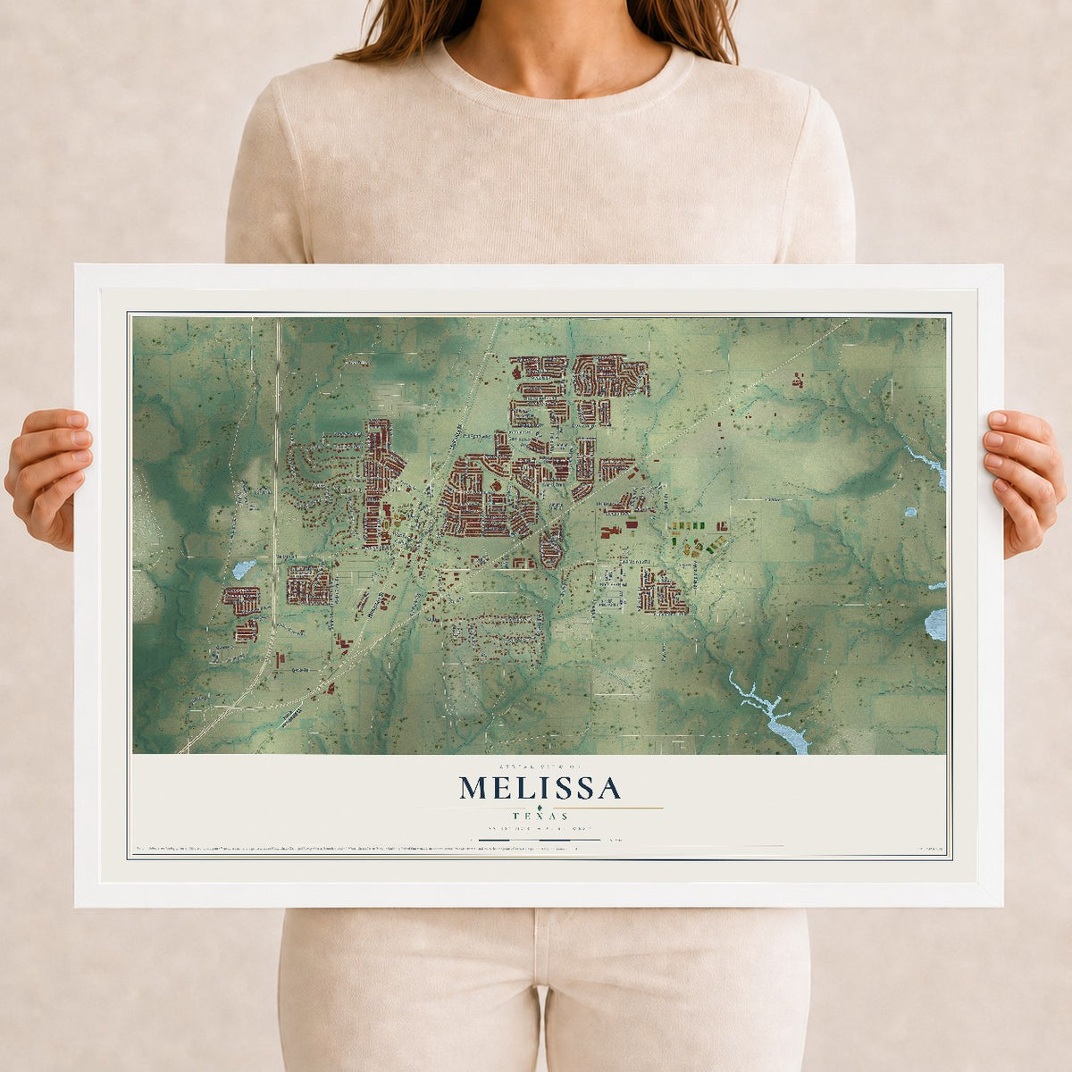 Map of Melissa, Texas, 12 x 18 inch print in a white wood frame