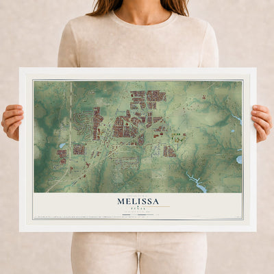 Map of Melissa, Texas, 12 x 18 inch print in a white wood frame