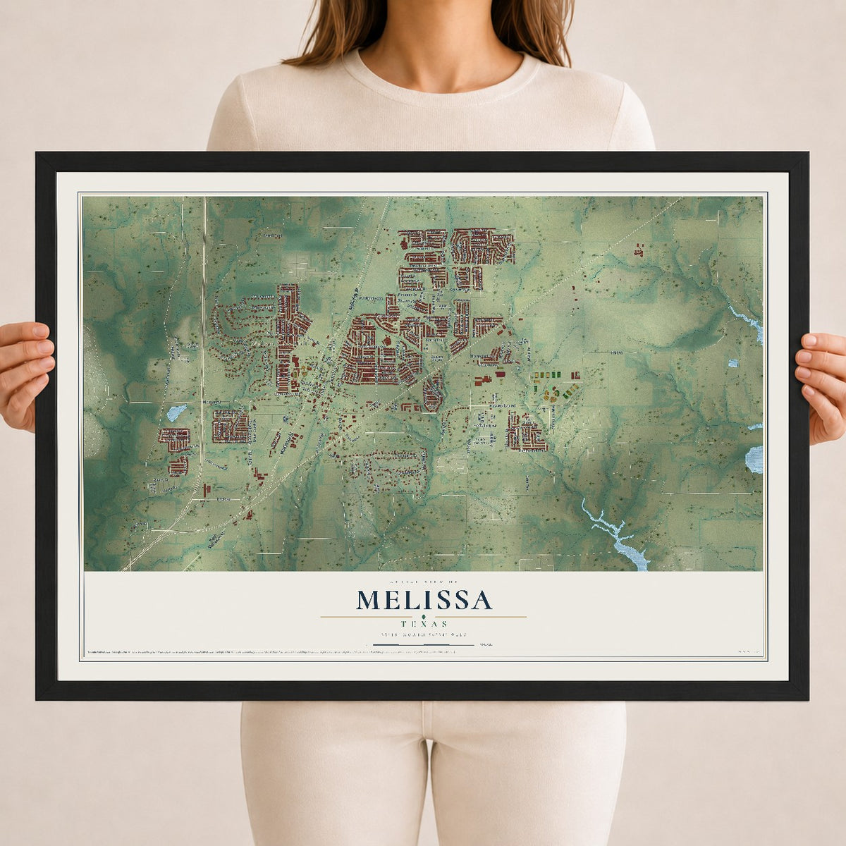 Map of Melissa, Texas, 18 x 24 inch print in a black wood frame