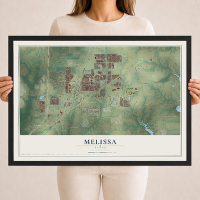 Map of Melissa, Texas, 18 x 24 inch print in a black wood frame