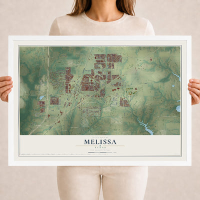 Map of Melissa, Texas, 18 x 24 inch print in a white wood frame