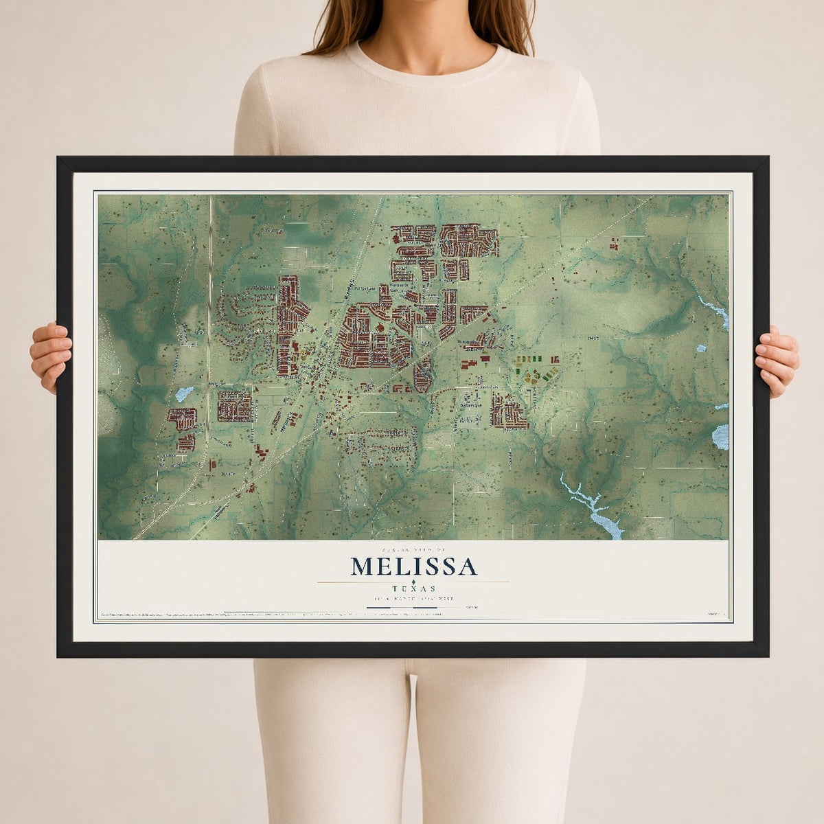 Map of Melissa, Texas, 24 x 36 inch print in a black wood frame