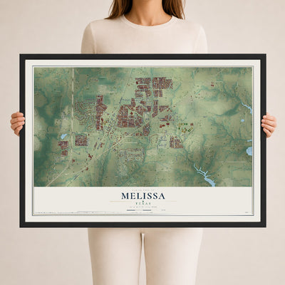 Map of Melissa, Texas, 24 x 36 inch print in a black wood frame