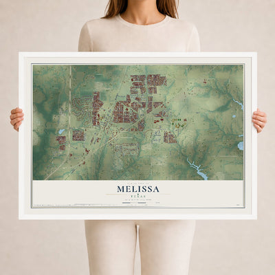 Map of Melissa, Texas, 24 x 36 inch print in a white wood frame