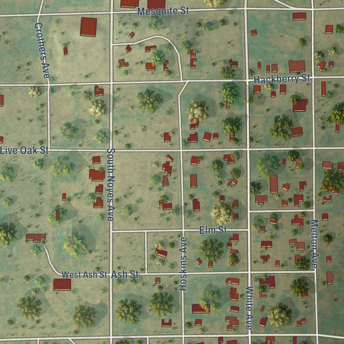 Close-up of the map of Melvin, Texas print showing street and building detail