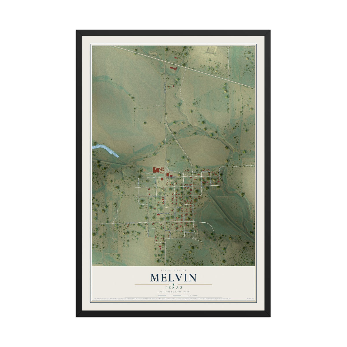 Map of Melvin, Texas, 12 x 18 inch print in a black wood frame