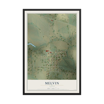 Map of Melvin, Texas, 12 x 18 inch print in a black wood frame