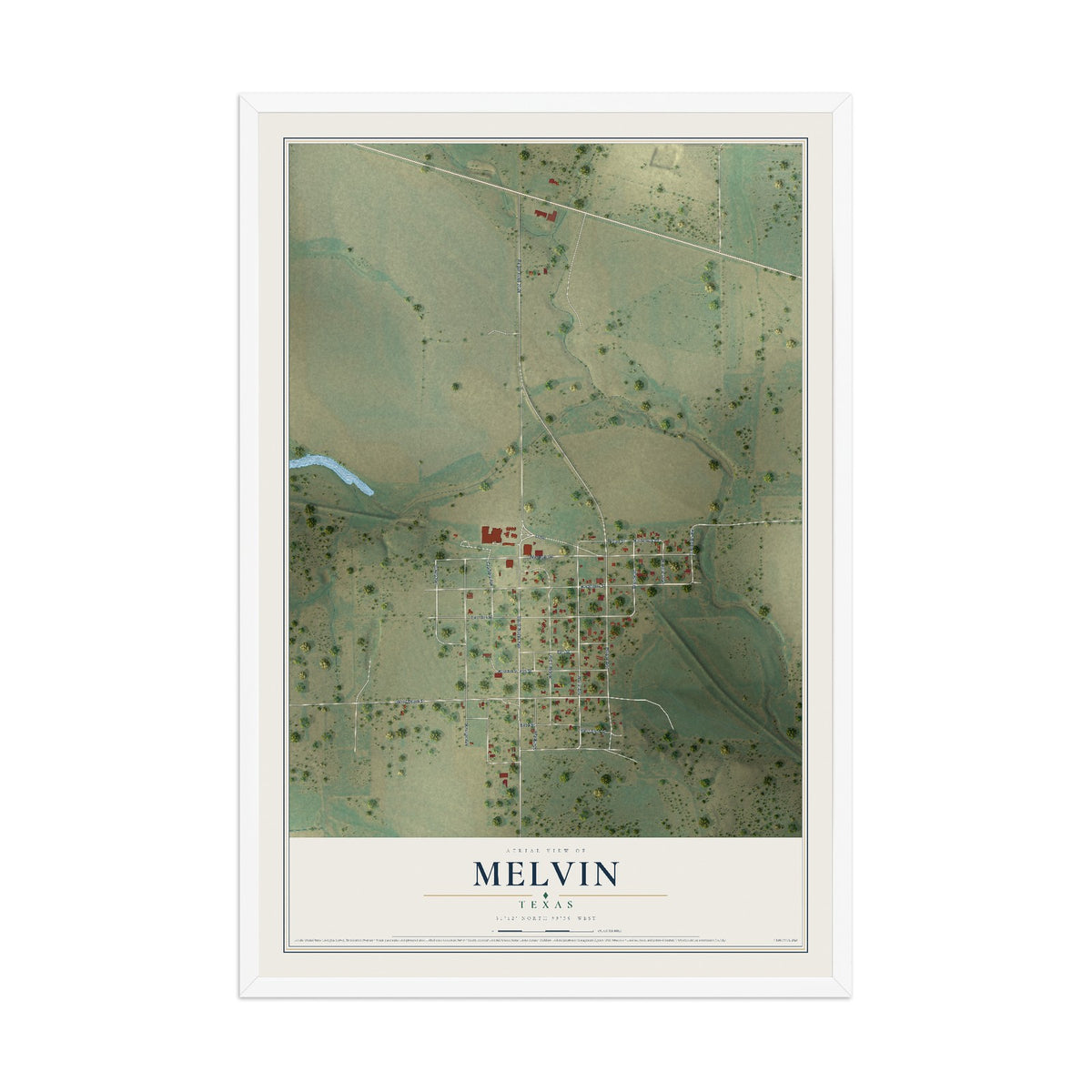 Map of Melvin, Texas, 12 x 18 inch print in a white wood frame