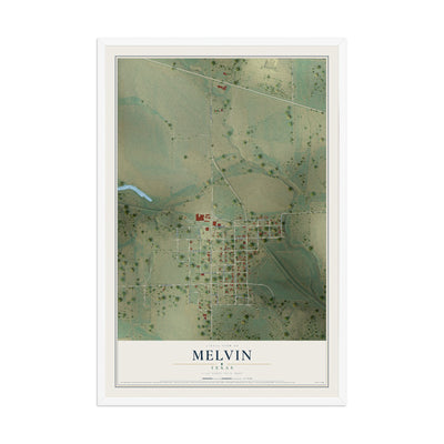 Map of Melvin, Texas, 12 x 18 inch print in a white wood frame