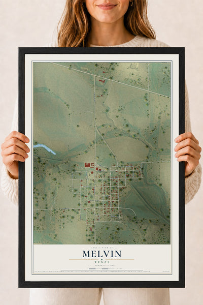 Map of Melvin, Texas, 18 x 24 inch print in a black wood frame