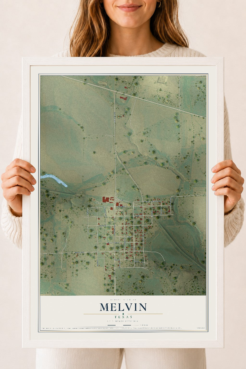 Map of Melvin, Texas, 18 x 24 inch print in a white wood frame