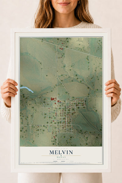 Map of Melvin, Texas, 18 x 24 inch print in a white wood frame