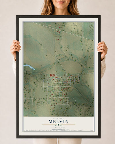Map of Melvin, Texas, 24 x 36 inch print in a black wood frame