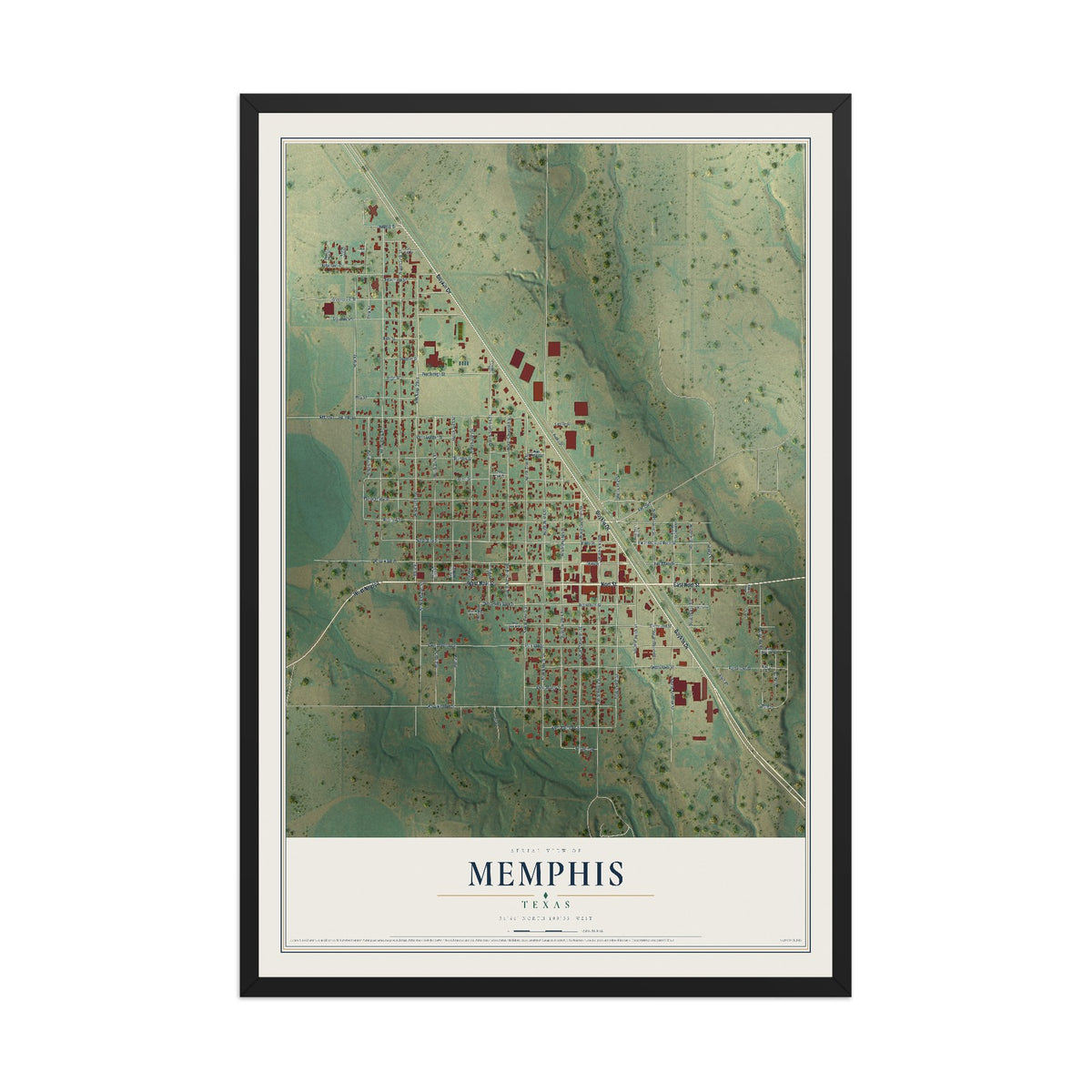 Map of Memphis, Texas, 12 x 18 inch print in a black wood frame