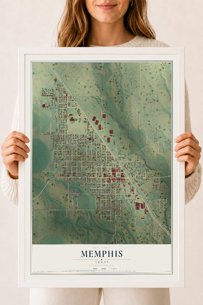 Map of Memphis, Texas, 18 x 24 inch print in a white wood frame