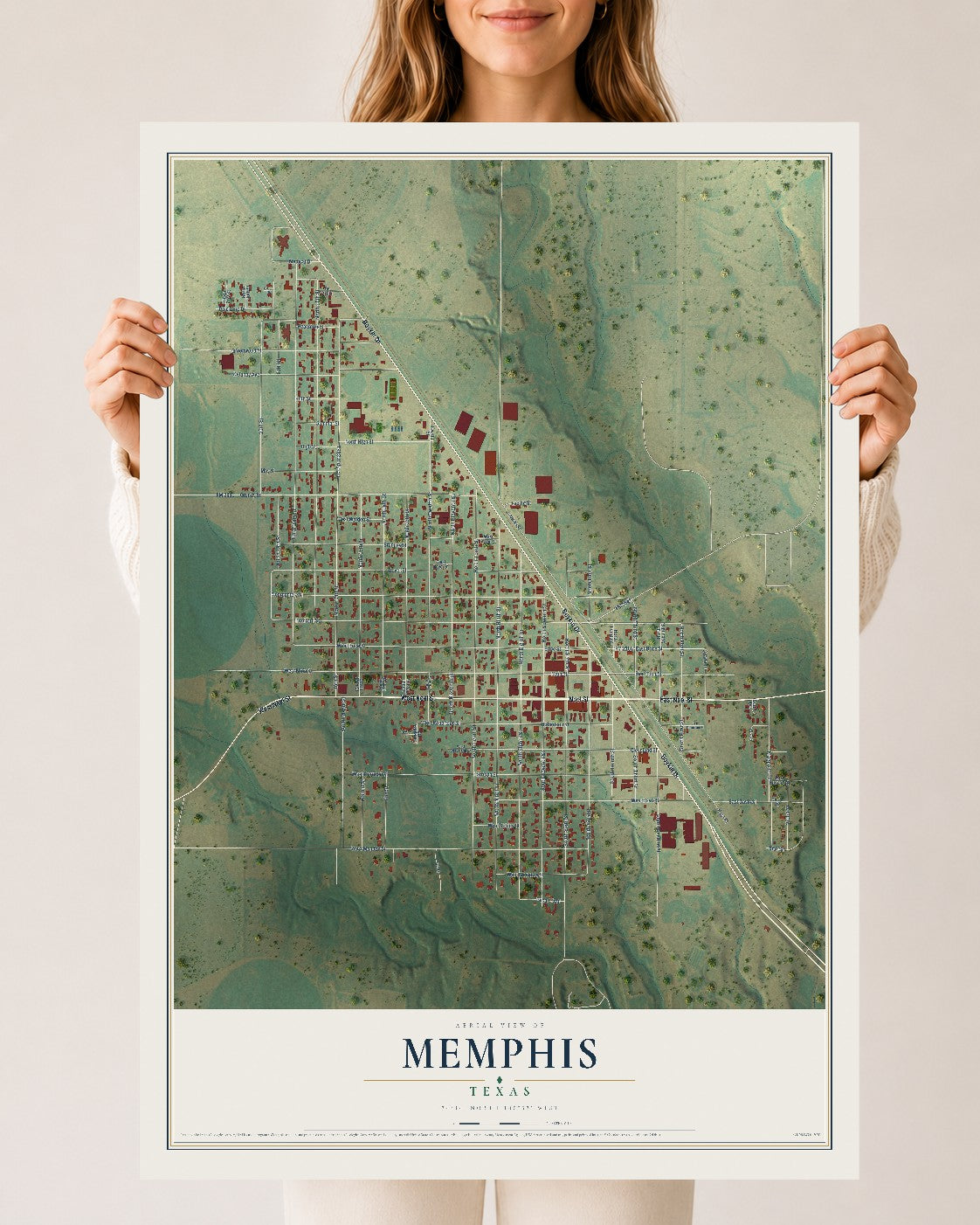 Map of Memphis, Texas, 24 x 36 inch unframed archival matte print