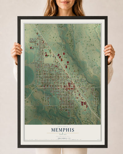 Map of Memphis, Texas, 24 x 36 inch print in a black wood frame