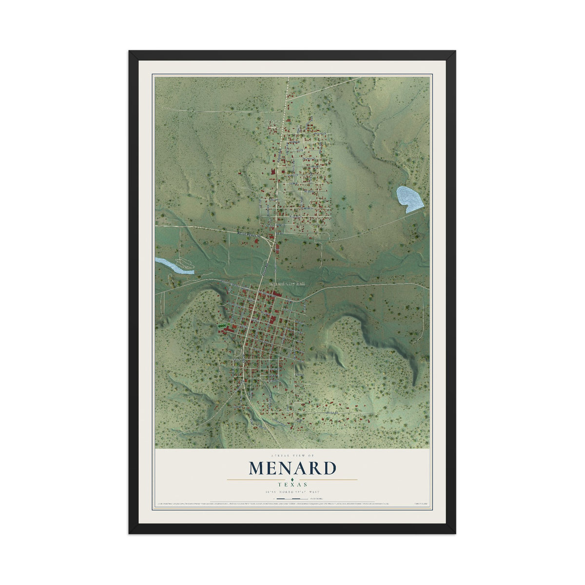 Map of Menard, Texas, 12 x 18 inch print in a black wood frame