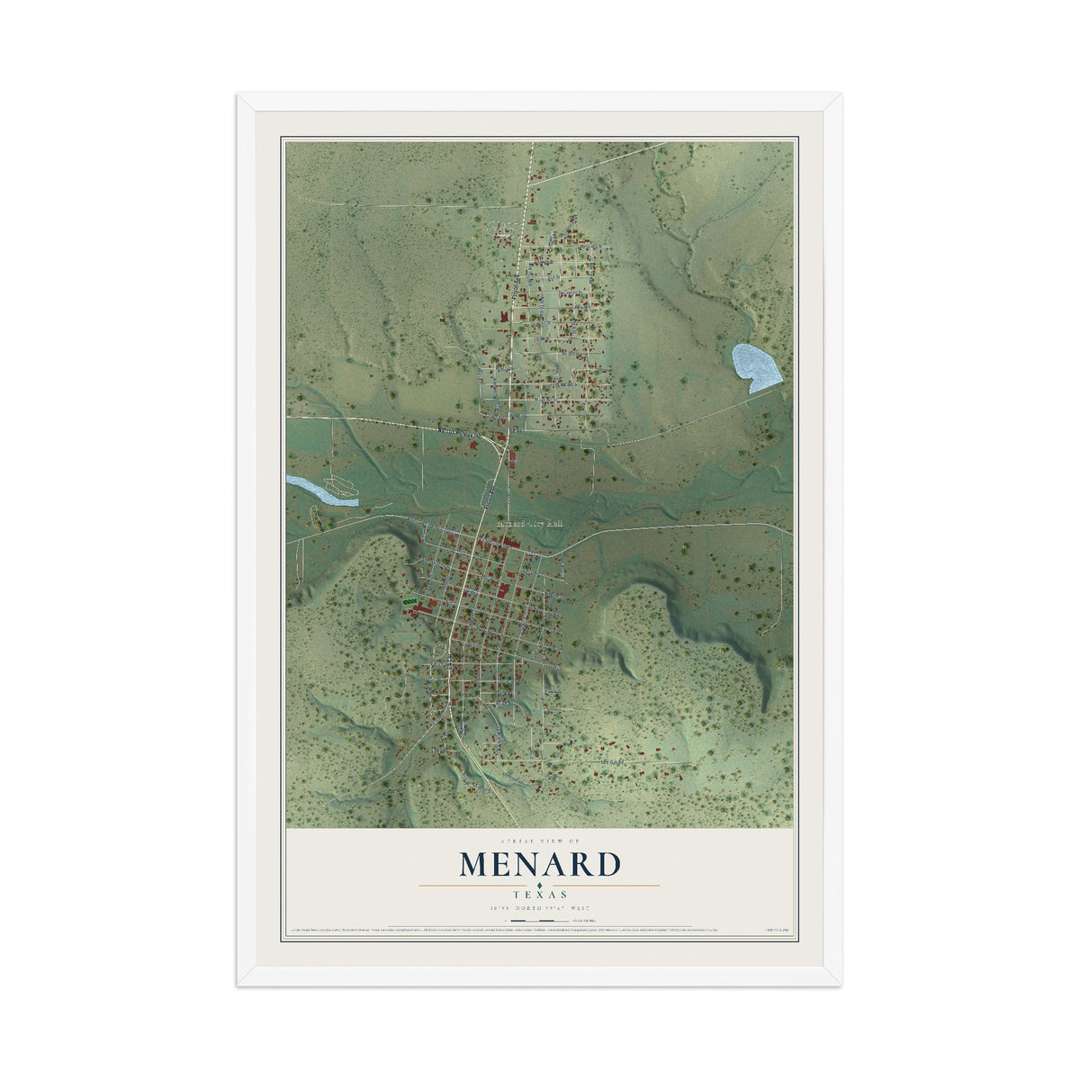 Map of Menard, Texas, 12 x 18 inch print in a white wood frame