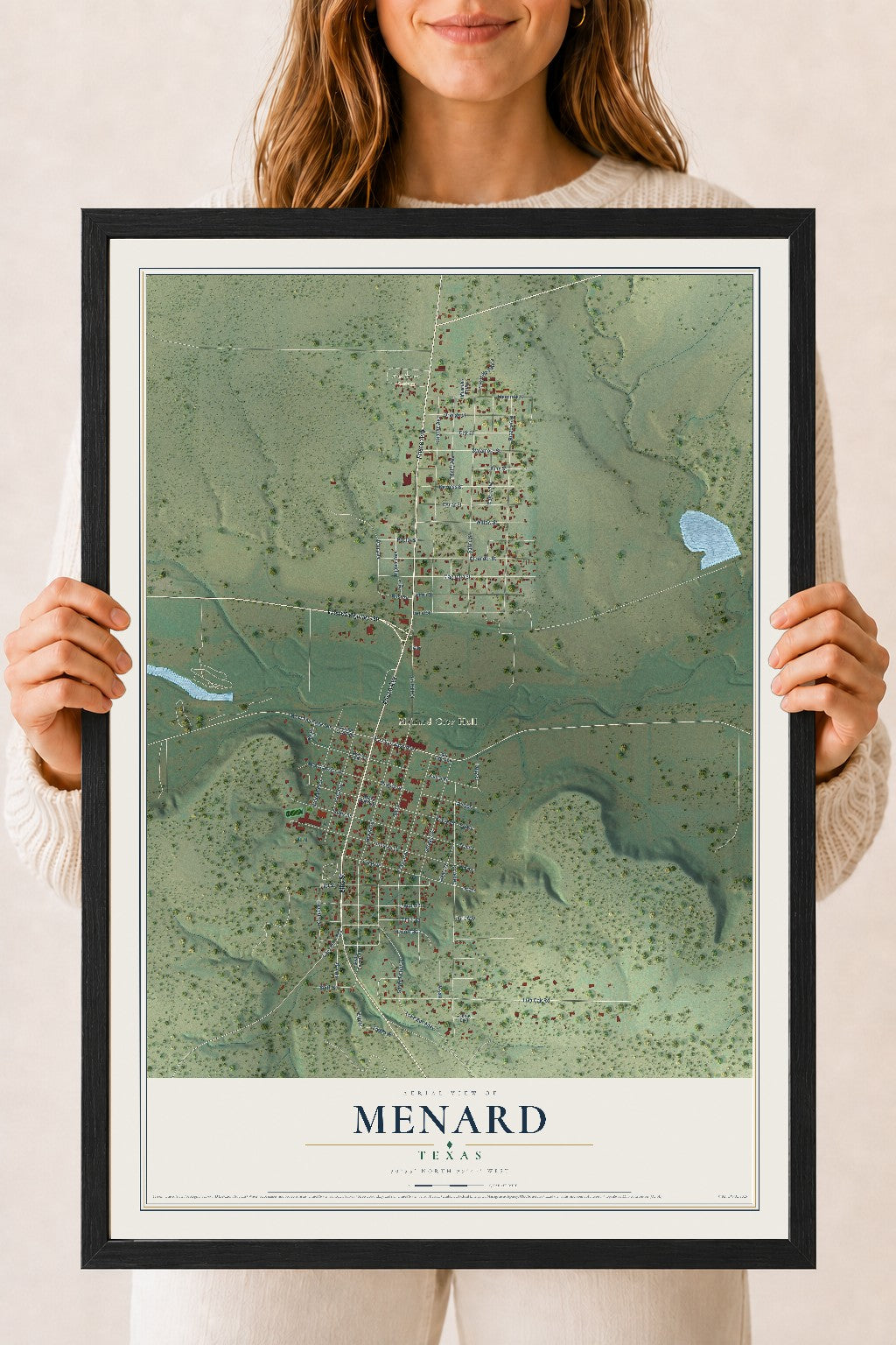 Map of Menard, Texas, 18 x 24 inch print in a black wood frame