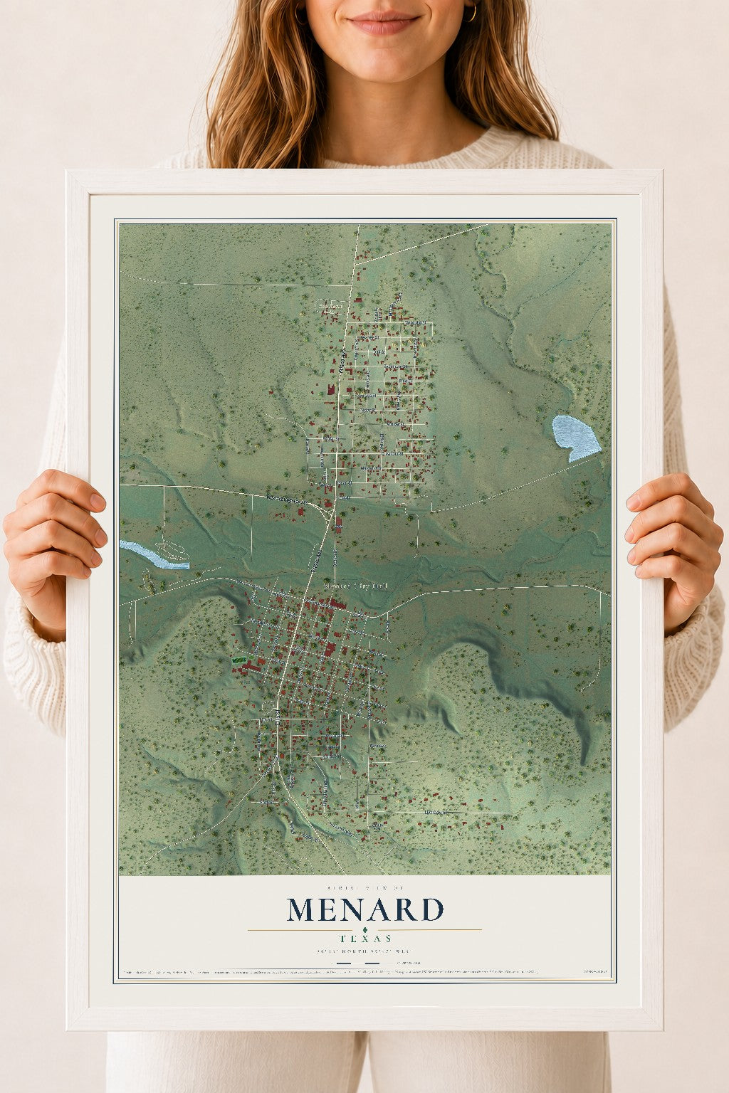 Map of Menard, Texas, 18 x 24 inch print in a white wood frame
