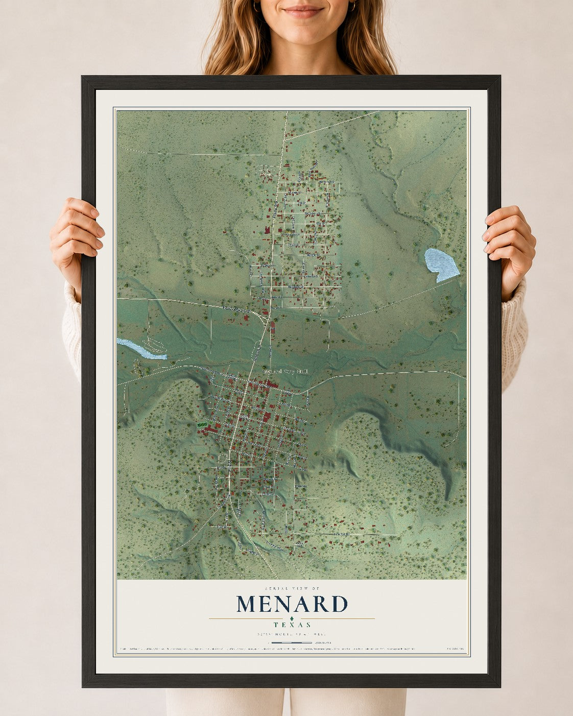 Map of Menard, Texas, 24 x 36 inch print in a black wood frame