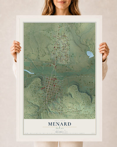 Map of Menard, Texas, 24 x 36 inch print in a white wood frame