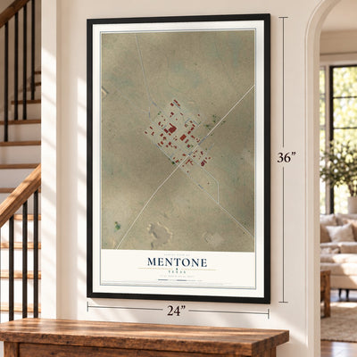 Mentone, Texas map, 24 x 36 inch print in a black frame by a staircase