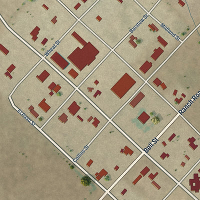 Close-up of the map of Mentone, Texas print showing street and building detail