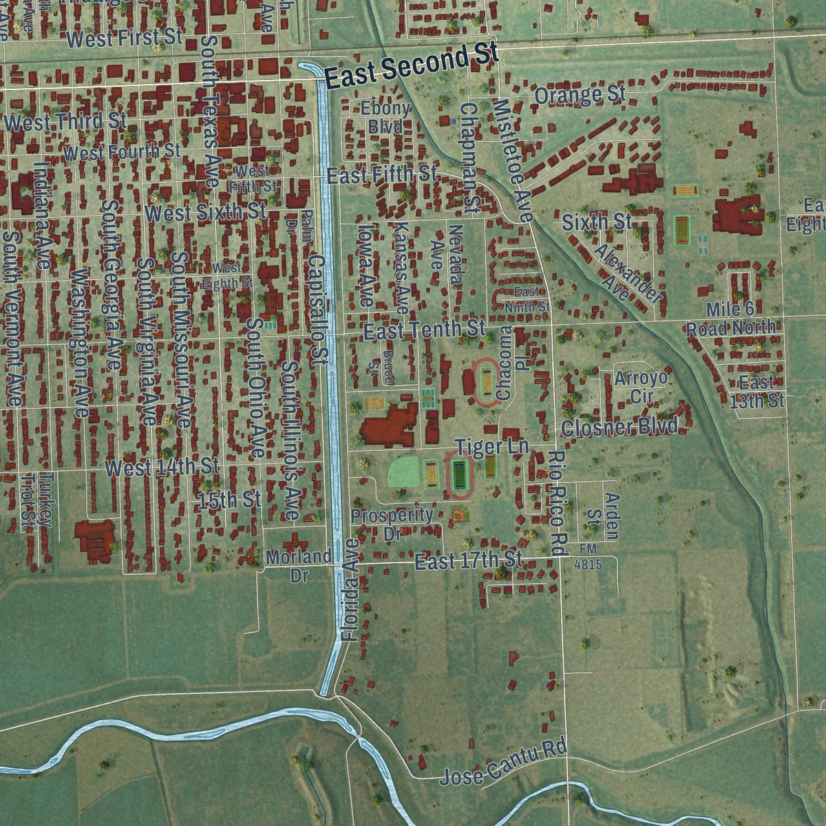 Close-up of the map of Mercedes, Texas print showing street and building detail