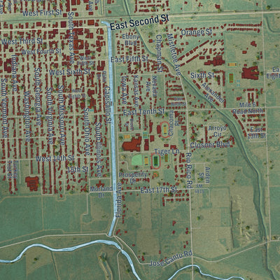 Close-up of the map of Mercedes, Texas print showing street and building detail