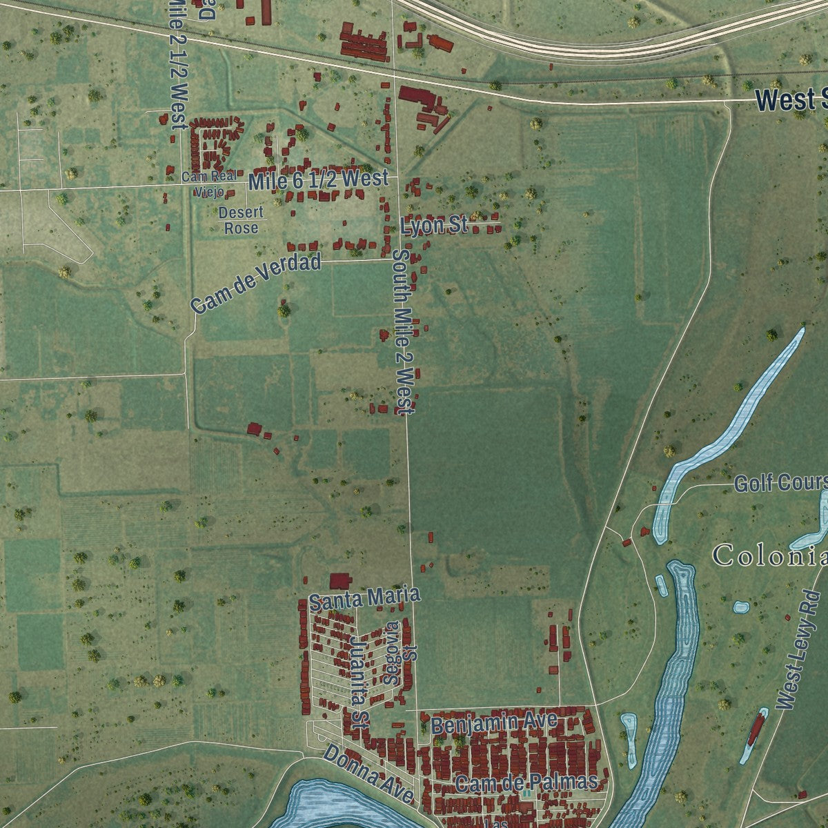 Second close-up of the map of Mercedes, Texas print showing more streets and buildings