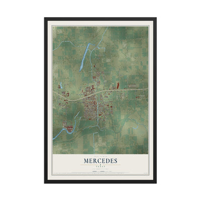 Map of Mercedes, Texas, 12 x 18 inch print in a black wood frame