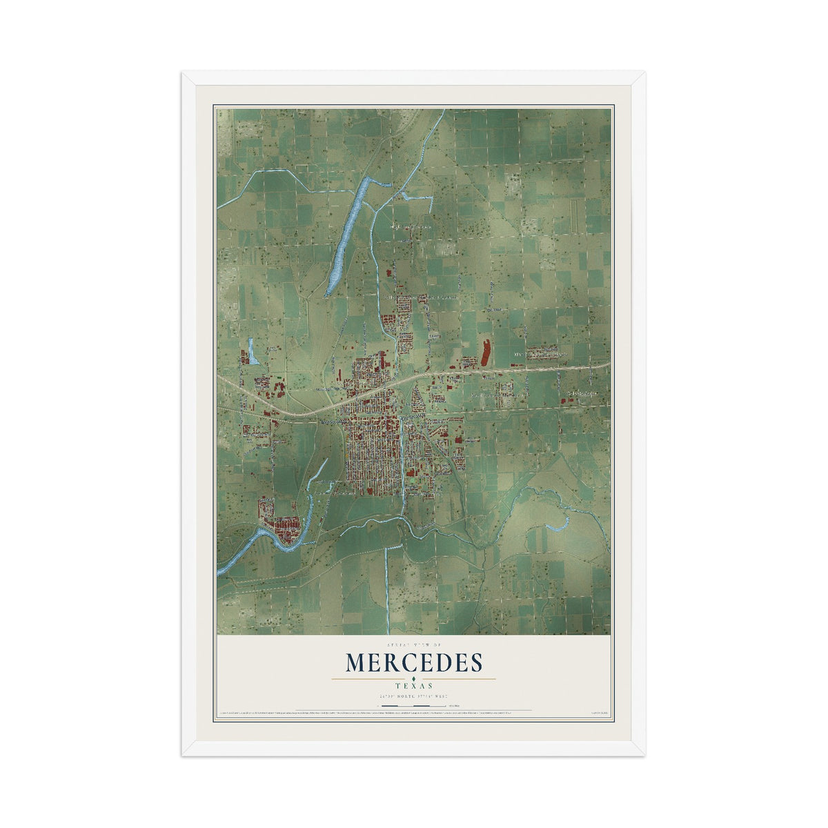 Map of Mercedes, Texas, 12 x 18 inch print in a white wood frame