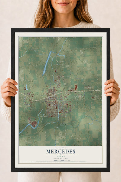 Map of Mercedes, Texas, 18 x 24 inch print in a black wood frame