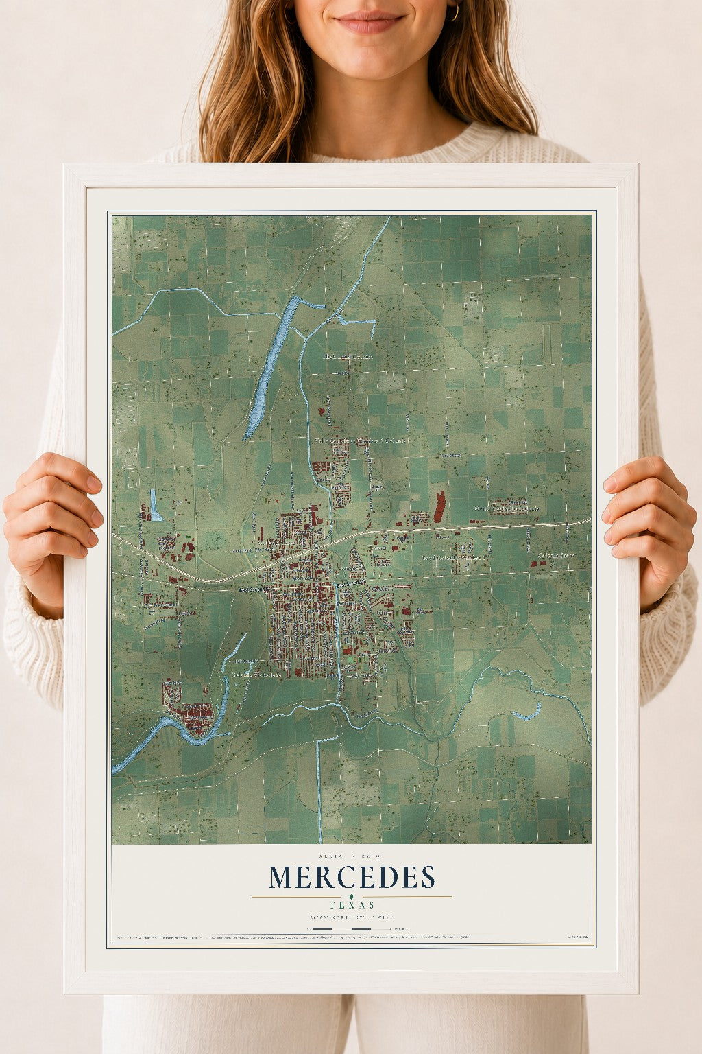 Map of Mercedes, Texas, 18 x 24 inch print in a white wood frame