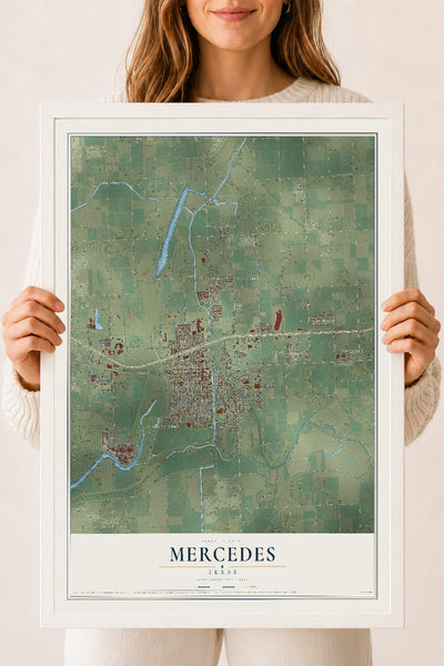 Map of Mercedes, Texas, 18 x 24 inch print in a white wood frame