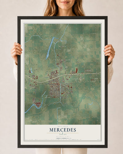 Map of Mercedes, Texas, 24 x 36 inch print in a black wood frame