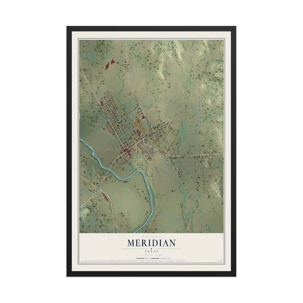 Map of Meridian, Texas, 12 x 18 inch print in a black wood frame